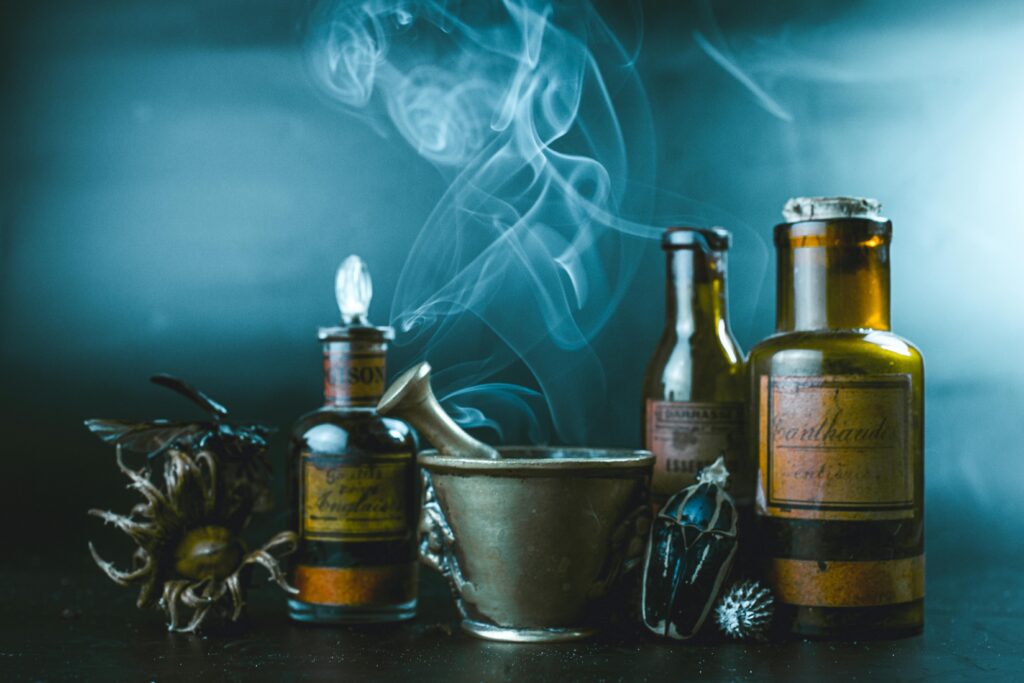 Vintage apothecary bottles with rising smoke, evoking a sense of mystery and traditional medicine.