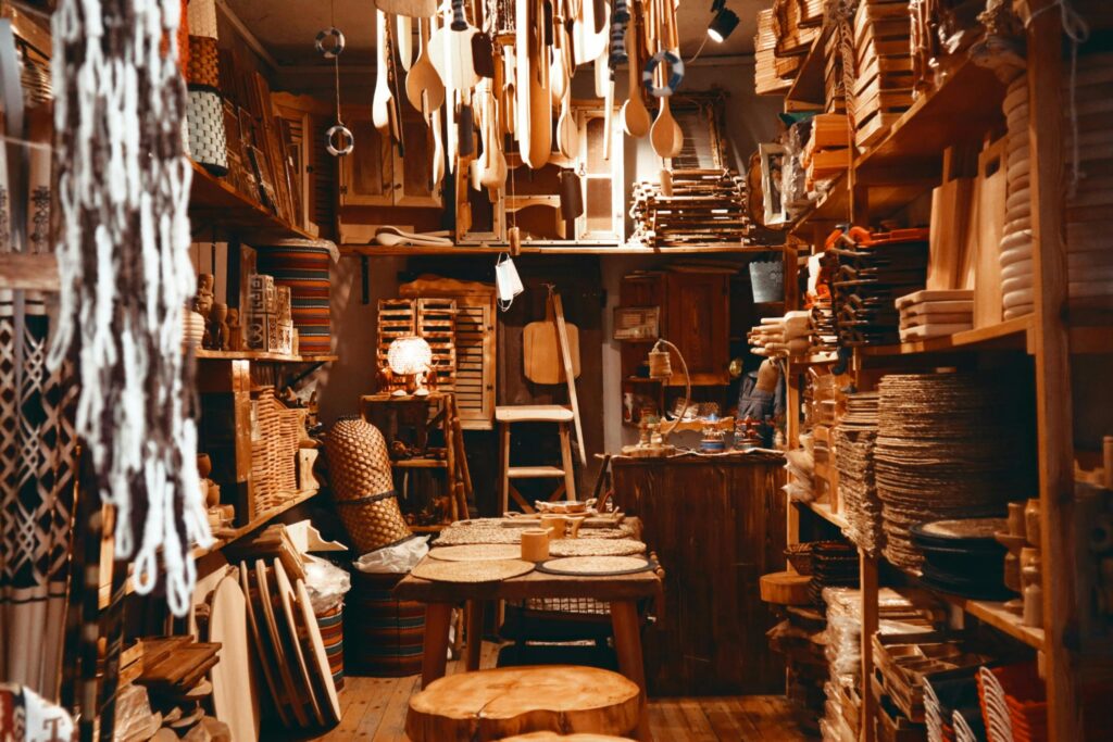 Explore a cozy shop filled with wooden crafts and home supplies.